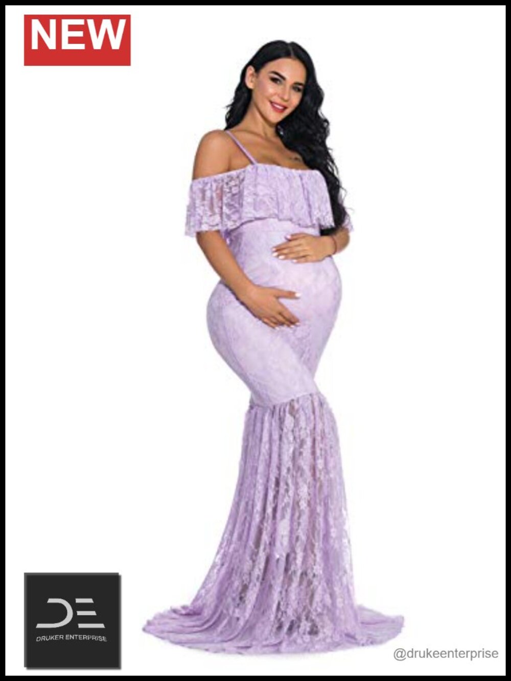 Fitted Lace Maternity Gown Ruffle Sleeve Mermaid Off Shoulder Photography Dress - Picture 3 of 4